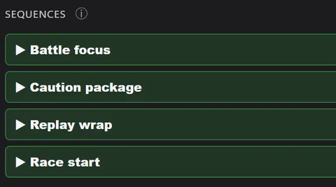 La lista de secuencias en la carrera de ejemplo: Battle focus, Caution package, Replay wrap y Race start
