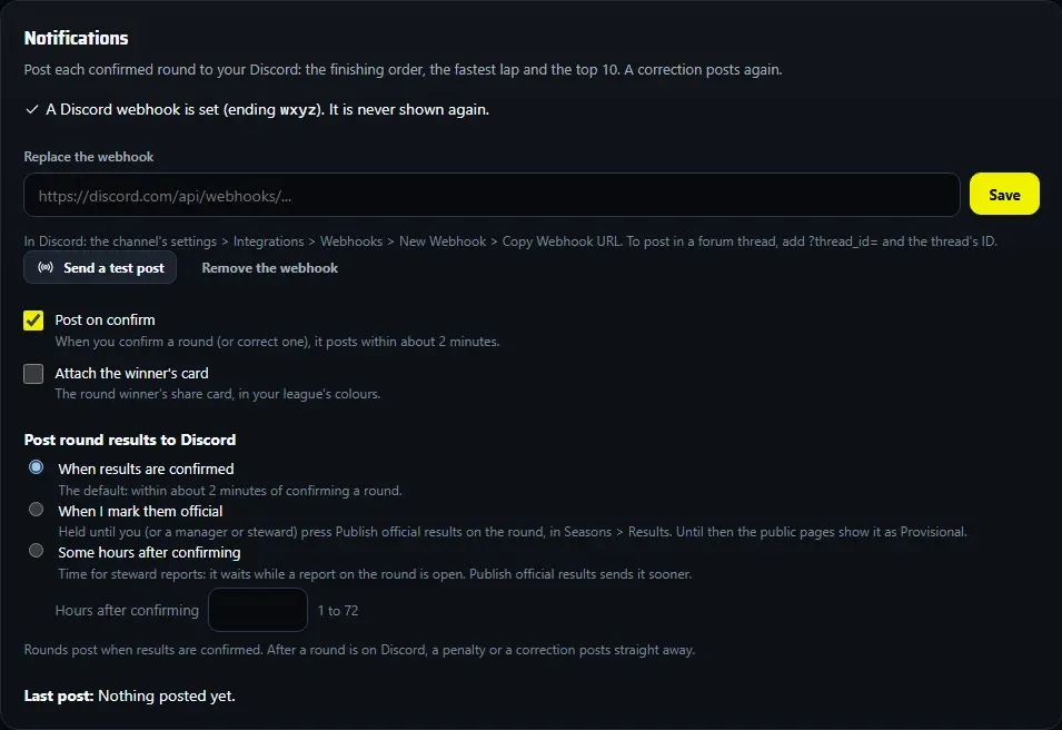 Settings > Notifications: a Discord webhook set, Send a test post, Post on confirm ticked, and Post round results to Discord with its three choices.