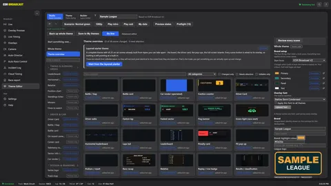 The Theme Editor's theme overview for a sample league: every scene of the theme as a thumbnail, and the brand setup with colours, font and league logo