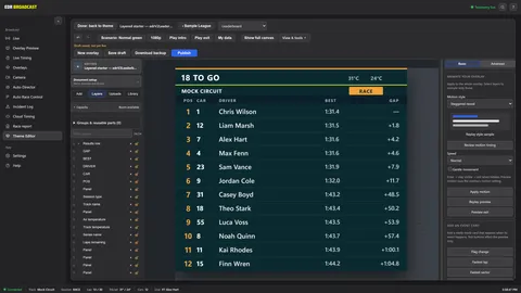 The Theme Editor canvas editing a sample league's leaderboard: 18 to go at Mock Circuit, twelve sample drivers, with the layers list and motion settings