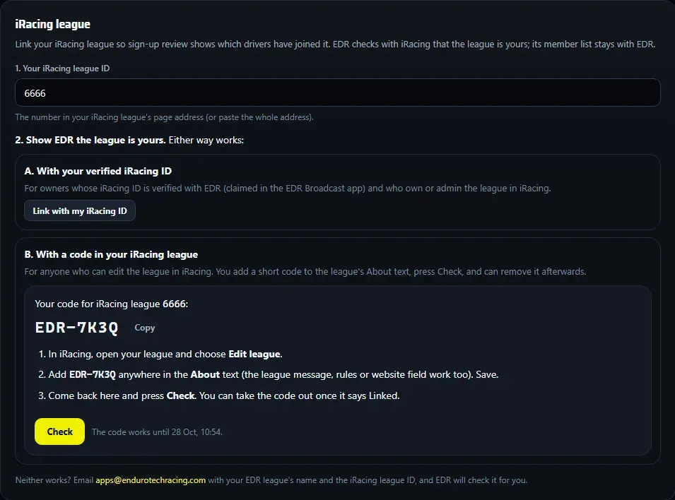 Settings > iRacing league: the league ID, A. With your verified iRacing ID, and B. With a code in your iRacing league, showing a code, three steps and Check.