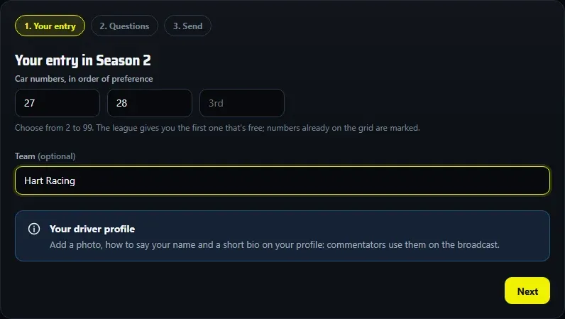 A league's sign-up: step 1, Your entry, with three car number boxes in order of preference and an optional team.