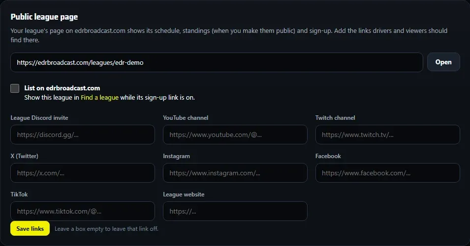 Settings > Public league page: the page address on edrbroadcast.com with Open, the List on edrbroadcast.com switch, and boxes for the league's links.