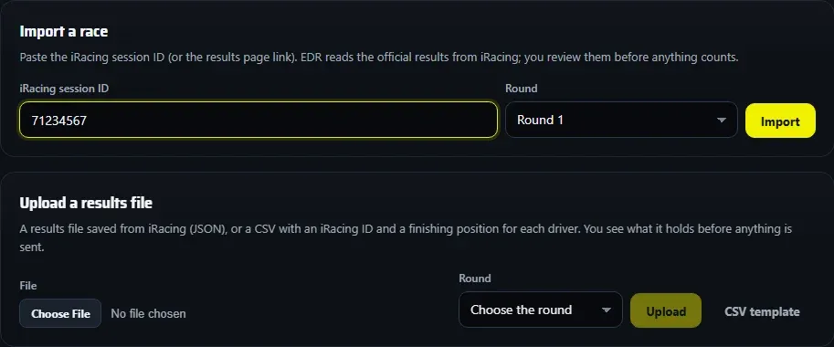 Seasons > Results: Import a race, with the iRacing session ID box, the Round picker and Import; below it, Upload a results file.