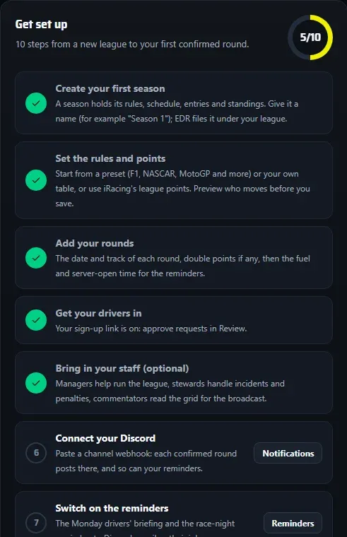 The league hub's Overview: the Get set up list, 5 of 10 steps done, with Connect your Discord and Switch on the reminders still to do. Test league.